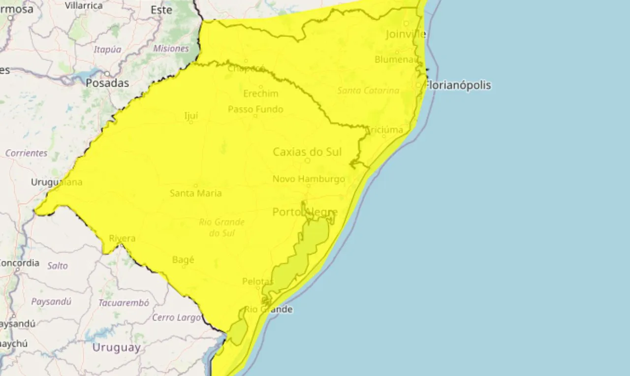 o mapa mostra as &aacute;reas em alerta para temporais no sul do Brasil